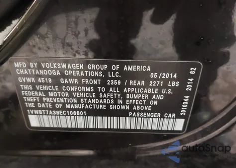 2014 Volkswagen Passat 1.8T Se from USA, damaged, VIN 1VWBT7A38EC106801